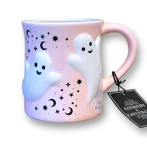 Cobwebs & Cauldrons Ghost Friends Coffee Mug Pink White Halloween Hand Painted - Picture 2 of 7